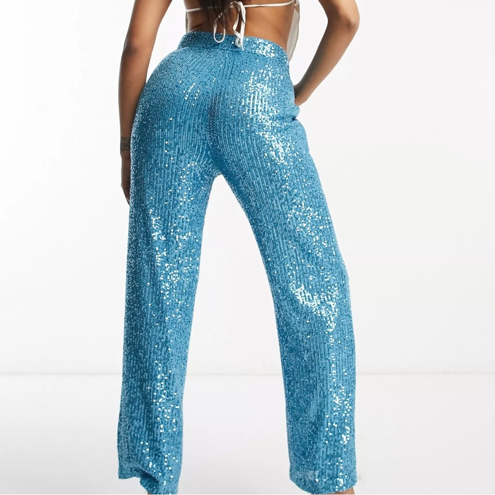 • ASOS DESIGN • Hourglass straight sequin ankle grazer pants in turquoise - Picture 7 of 7